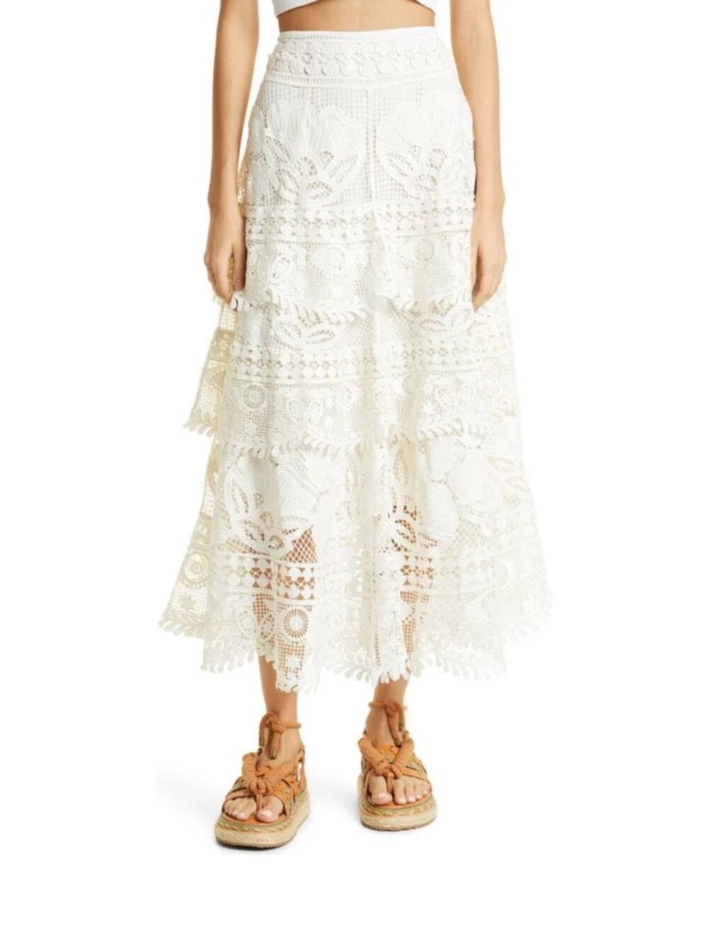 Farm Rio Alucina Luz Guipure Lace Midi Skirt Small Off White
